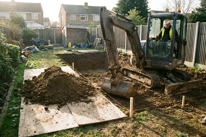 Grondwerk voor een zwembad in een tuin